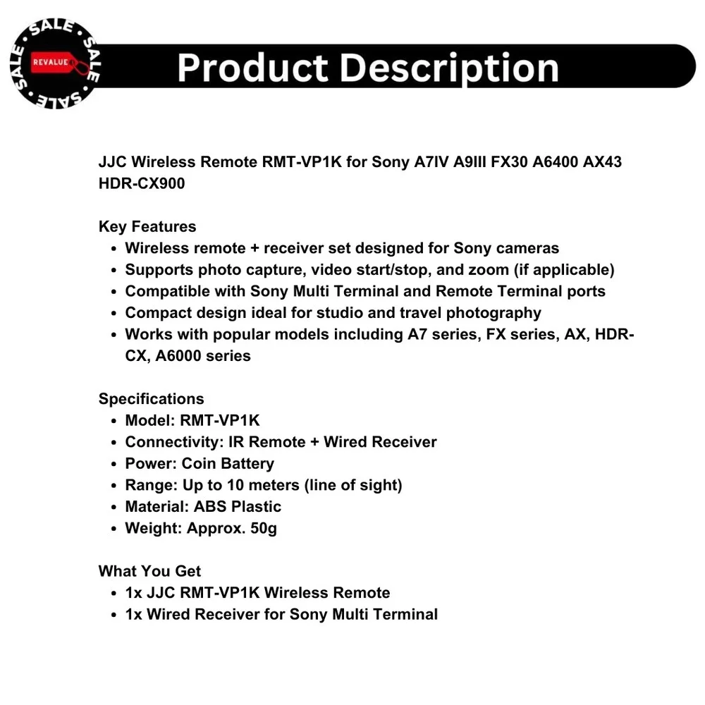 JJC Wireless Remote RMT-VP1K for Sony A7IV A9III FX30 A6400 AX43 HDR-CX900‎